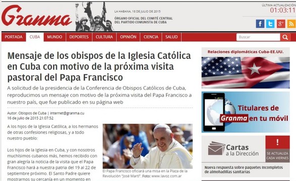 «Gramma» publica mensagem dos bispos católicos cubanos sobre a visita do Papa